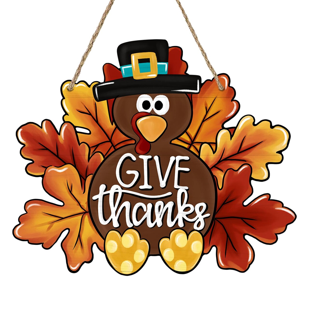 Deroro Give Thanks Sign Turkey Front Door Decor Thanksgiving Day Wood Door Hanger, Fall Wooden Thankful Wreath Hanging Decoration for Outdoor Outside Porch